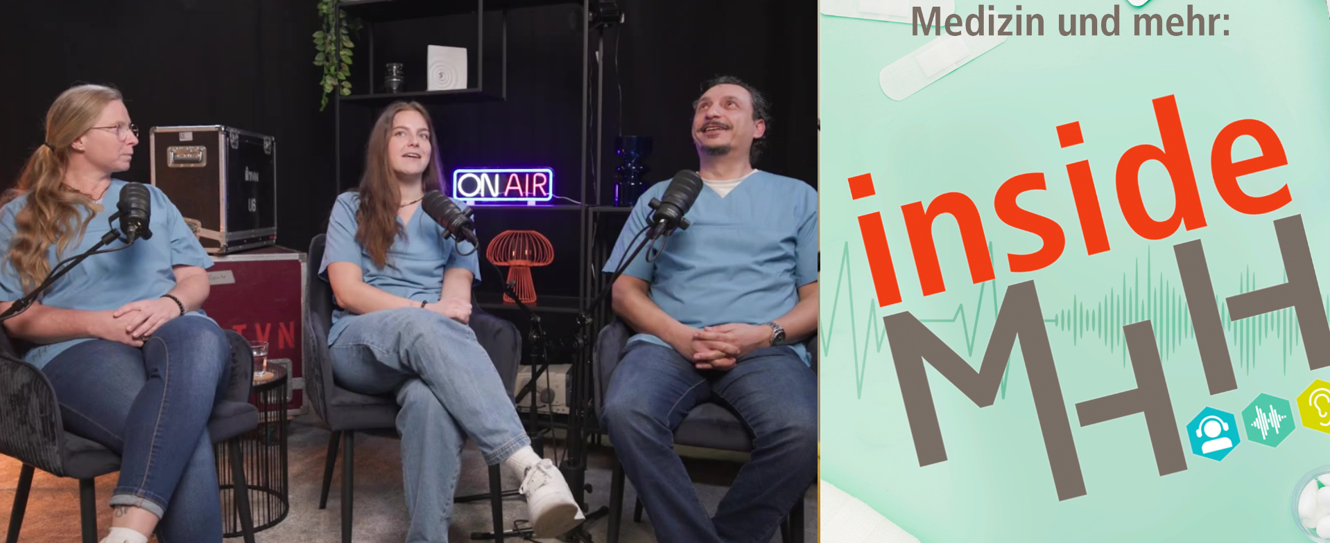 Familie Sassi sitzt im Podcast-Studio, daneben das Logo mit dem Schriftzug inside MHH